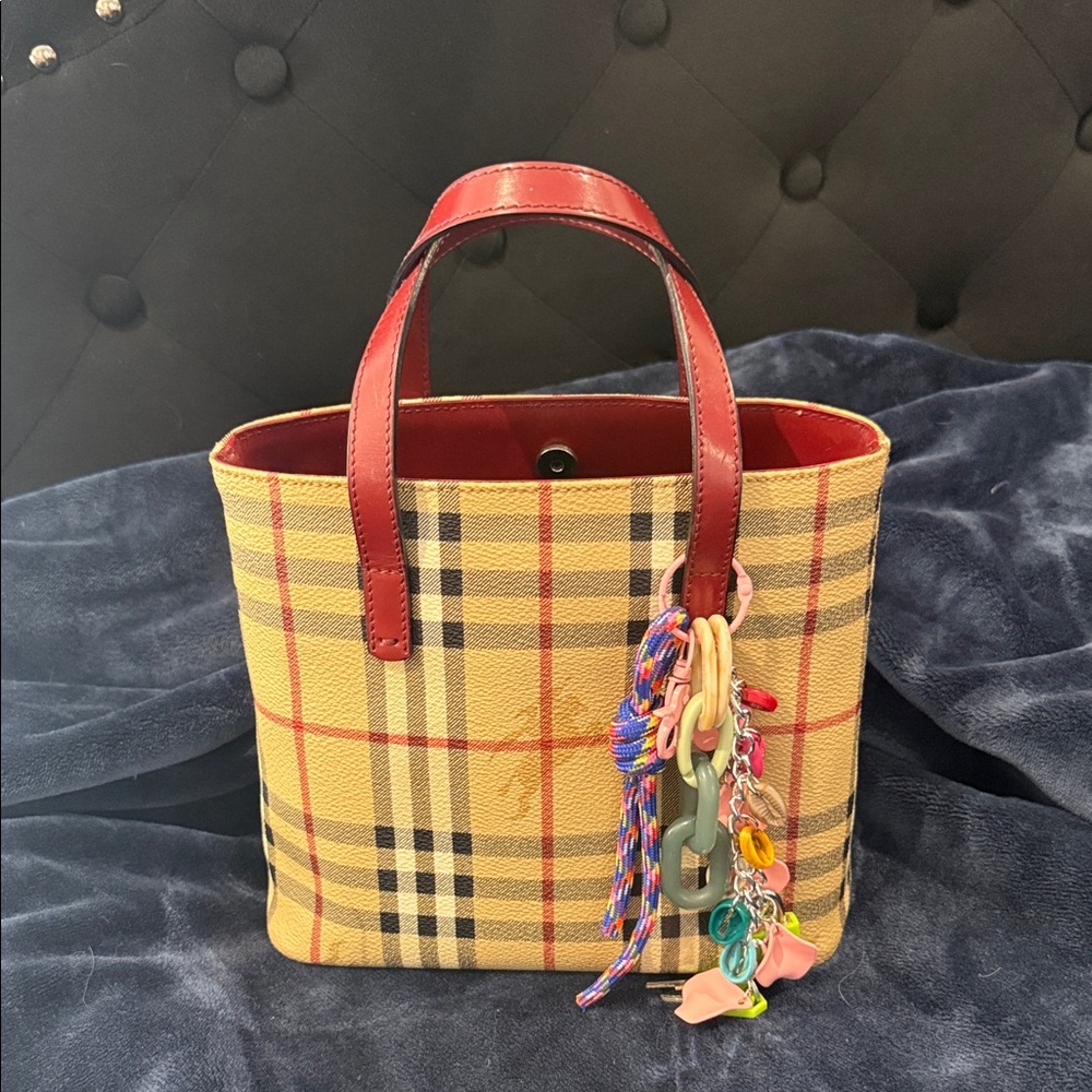 Burberry Plaid Tote Bag with Red Accents
